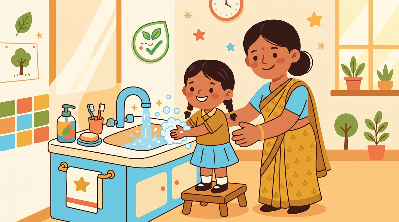 Cartoon illustration of hygiene routines and a health-minded team