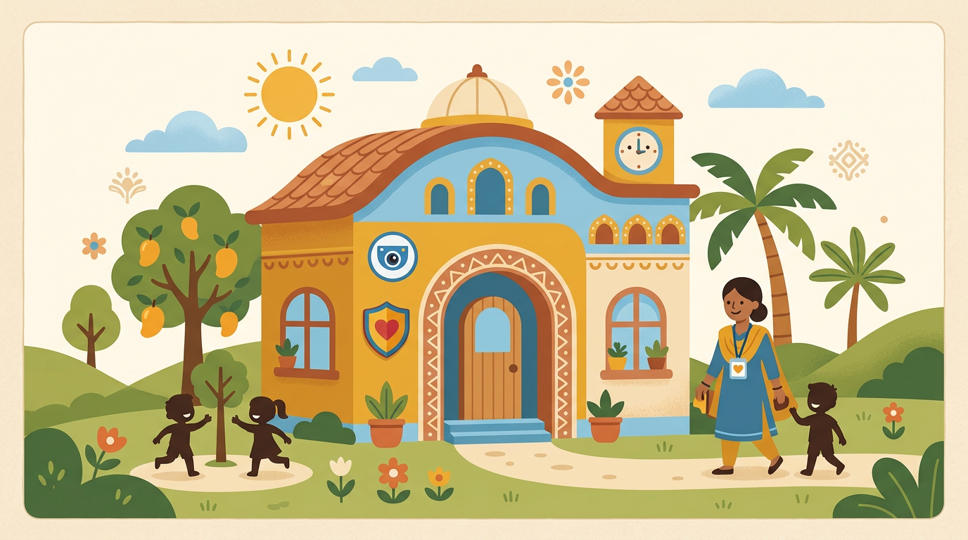 Illustration symbolising a safe campus, caring staff, and monitored premises